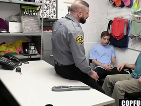 A young and straight security officer engages in rough sex with two teen shoplifters in his office