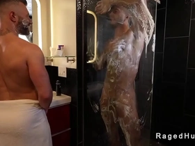 Gay muscle studs have raw sex in hotel room