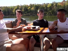 Gay stepsons get fucked by stepdads on boat trip in taboo foursome