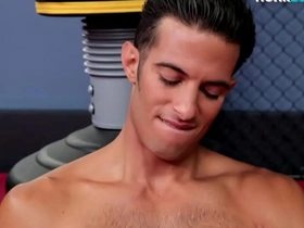 Muscular hunk in tight jockstrap pleasures himself up close