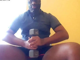 Black man gets naughty with sex toys in solo workout video