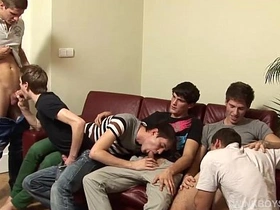 Young gay group sex party with multiple partners and raw sex