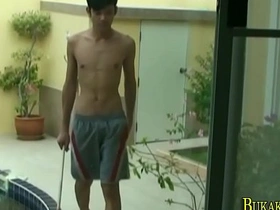 Gay Asian twink gets spitroasted in outdoor compilation