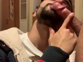 Redhead gives a sloppy blowjob and gets cum in her throat