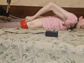 Crossdresser solo uses sex machines at home