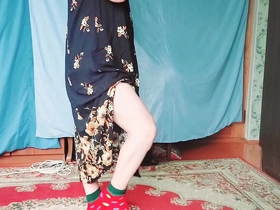 Young blonde CrossdresserKitty in sexy MILF dress and big ass reveal
